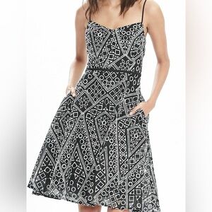 Banana Republic Black Midi Dress with White Geometric Embroidery, Size 2